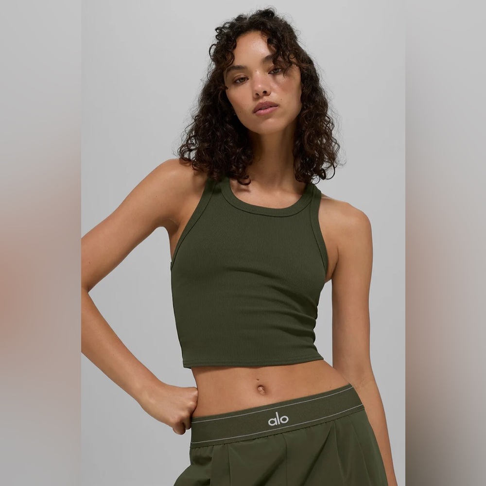 Alo Yoga Goddess Ribbed Go-To Tank Green Olive Small NWT